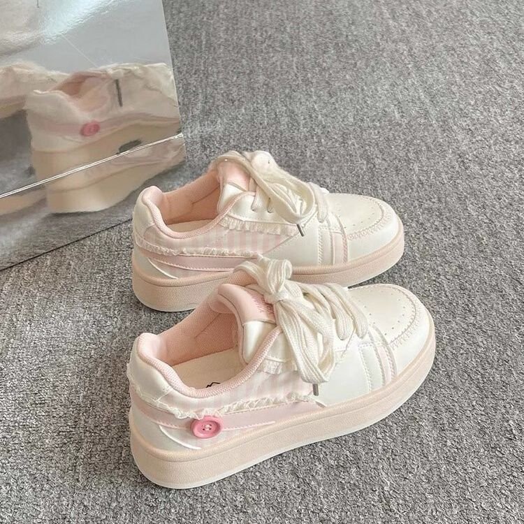百搭小众面包鞋女鞋春夏季新款樱花粉板鞋ins花边厚底小白鞋女款|undefined