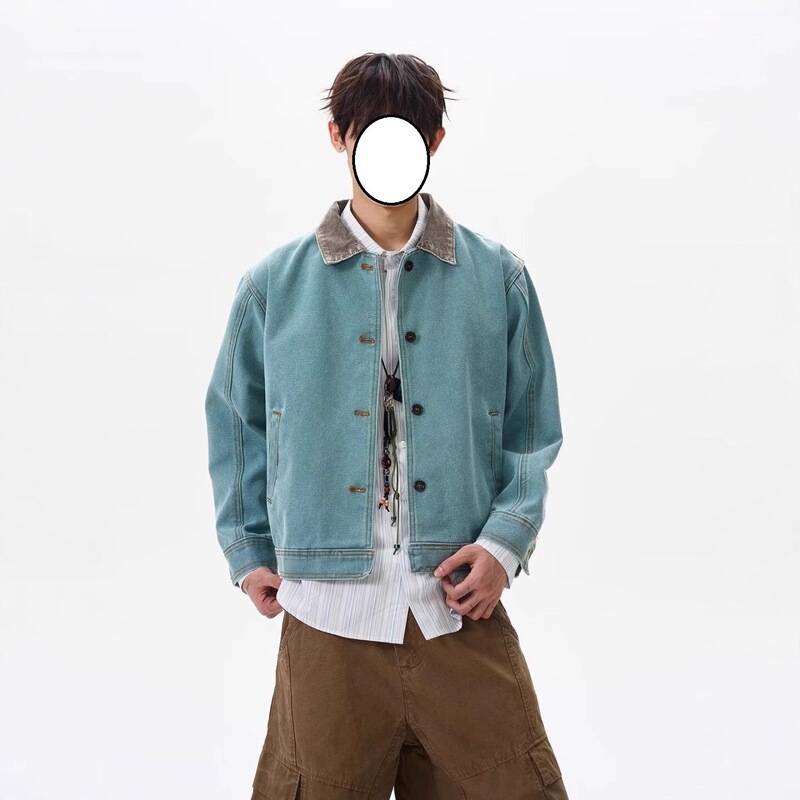 American-Style Trendy Retro Peacock Green Jacket for Men, Short Style, Spring and Autumn Casual Loose Fit, Stylish Turn-Down Collar Coat American-Style Trendy Retro Peacock Green Jacket for Men, Short Style, Spring and Autumn Casual Loose Fit, Stylish Turn-Down Collar Coat