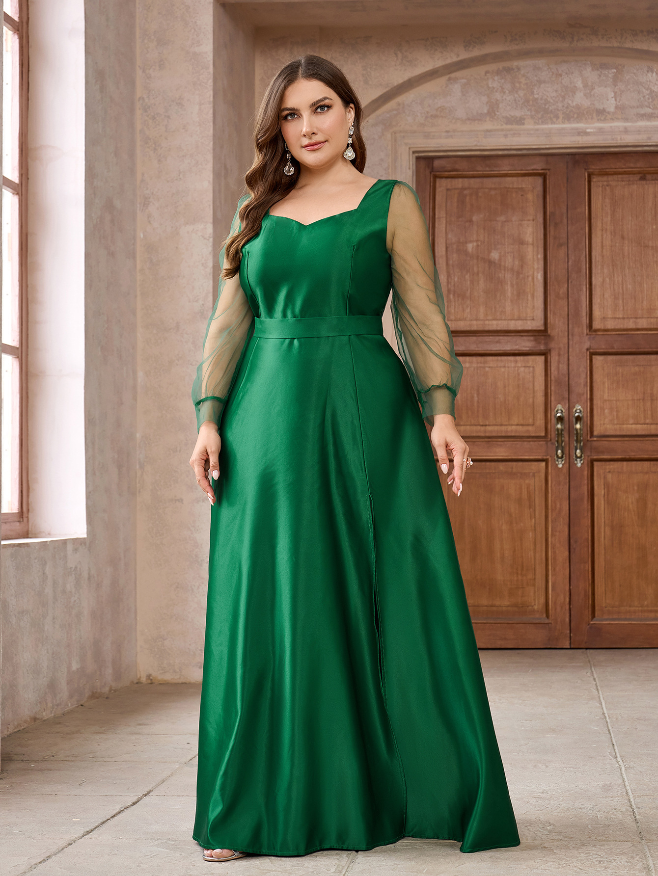 Vestido de talla grande, vestido largo de talla estándar, vestido de satén de manga larga con cuello cuadrado para fiestas y bodas, nuevo estilo de otoño e invierno. image 5