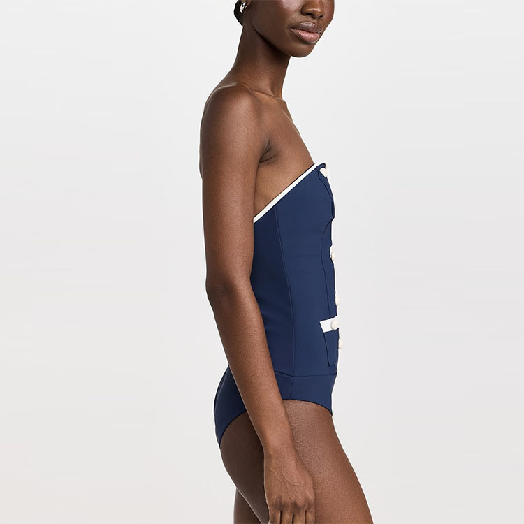 Navy Blue One-piece Swimsuit With Shorts High-cut Slimming Style_voghion.com