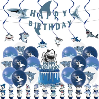 现货异形鲨鱼主题生日场景布置派对用品装饰插旗螺旋气球横幅套装