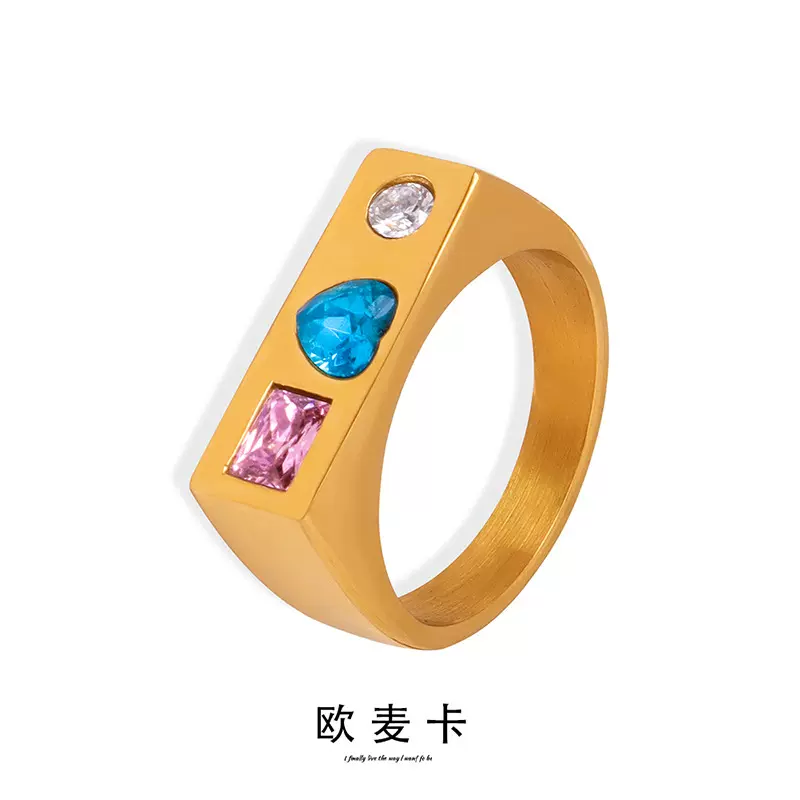 彩色宝石戒指情侣对戒小众设计时尚个性精致气质钛钢镀金指环批发
