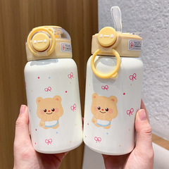 バター熊保温カップ316ステンレスかわいい高颜値コップ大容量学生携帯ストローコップ