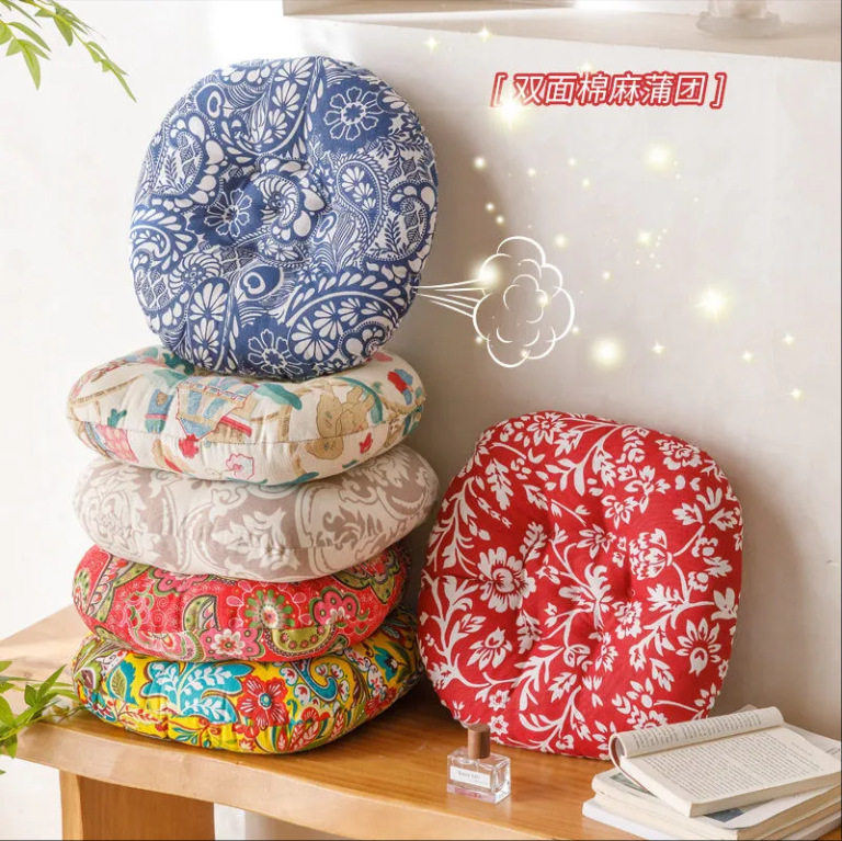 Thickened Round Cotton and Linen Futon Cushion for Balcony, Japanese-Style Tatami Floor Mat, Bay Window Yoga Floor Mat, Large Size