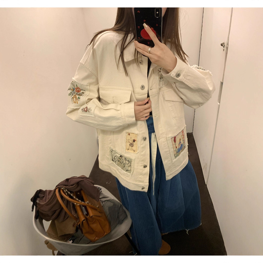 出货中章章9/20新品 原胚白牛贴布绣时髦牛仔外套