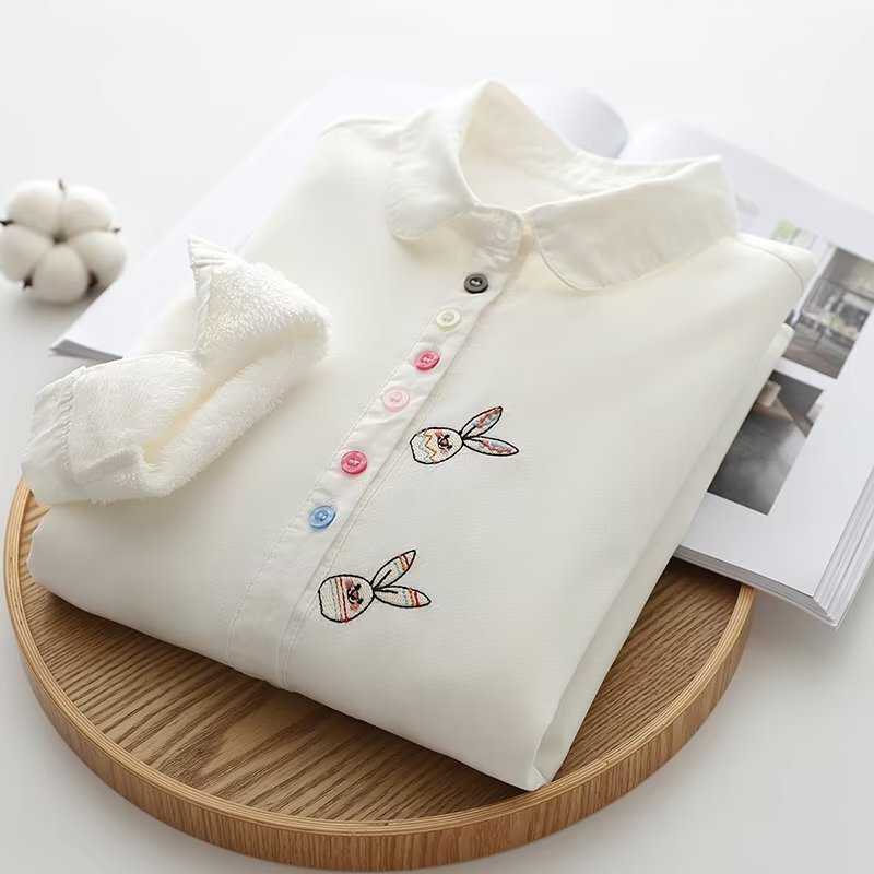 2024 autumn and winter new Japanese literary fleece-lined cotton white shirt women's warm padded slim inner base shirt