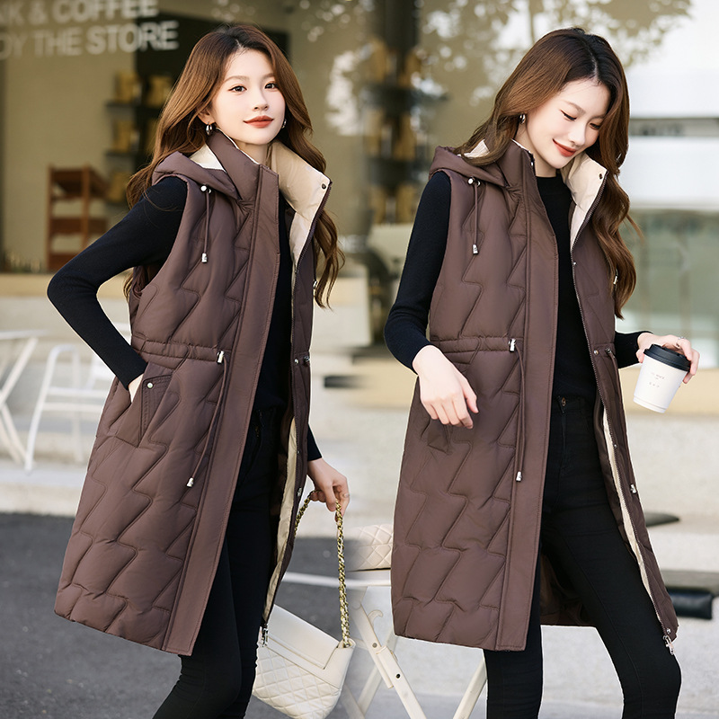 2025 otoño y invierno grueso con capuzas de algodón largo abrazadera de caballo chaqueta de mujer coreana delgada hombro sobre rodilla chaleco de pluma de algodón de moda