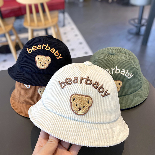 Korean style baby hat autumn and winter corduroy cute bear fisherman hat boys and girls sunshade versatile basin hat trendy