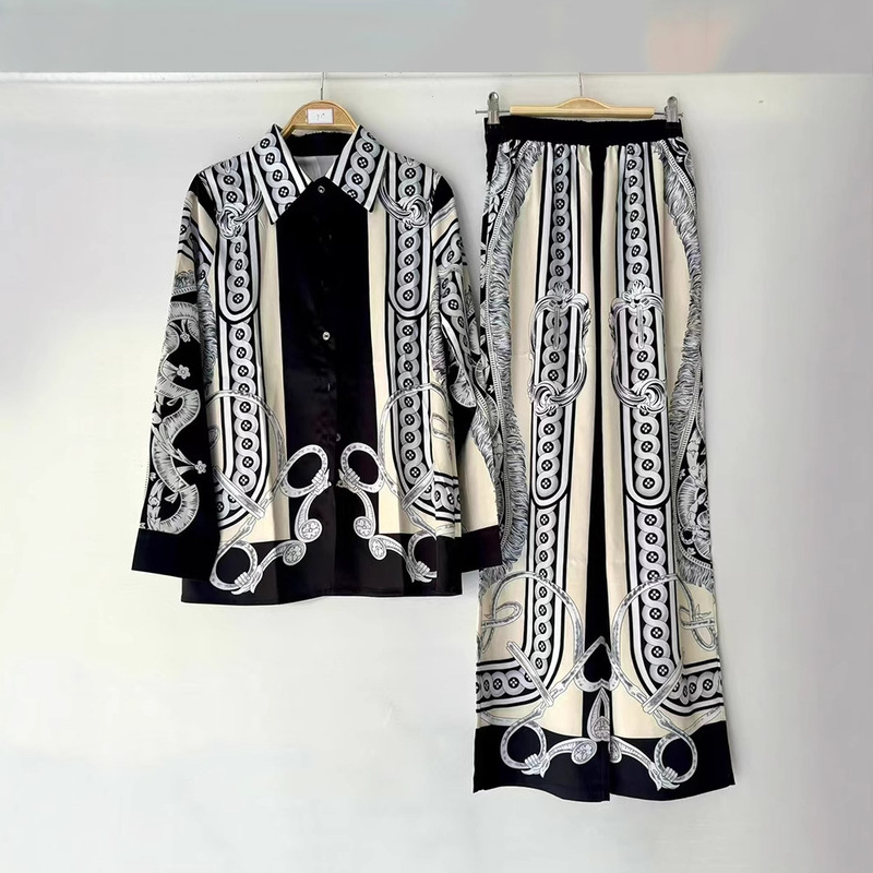 2025 Foreign Trade Women's Vintage Geometric Print Shirt Two-Piece Set + High-Waisted Wide-Leg Pants Suit Fashionable and Versatile 2025 Foreign Trade Women's Vintage Geometric Print Shirt Two-Piece Set + High-Waisted Wide-Leg Pants Suit Fashionable and Versatile