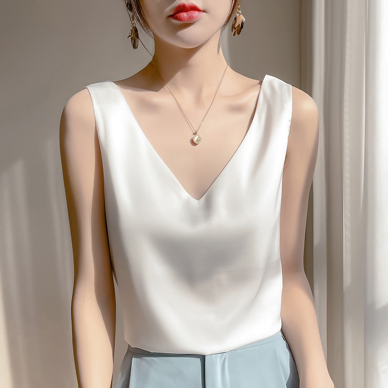 Trendy and Cool Women's Tank Top with Double Shoulder Straps, Versatile Satin Acetate Silk, Summer V-Neck with Inner Lining, Faux Silk