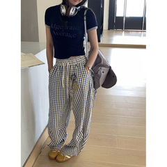 Huang Zheng 韓国スタイルの夏のリラックスパンツ女性のルーズで多用途な気質シンプルなゴムハイウエストチェック柄パンツ 520680