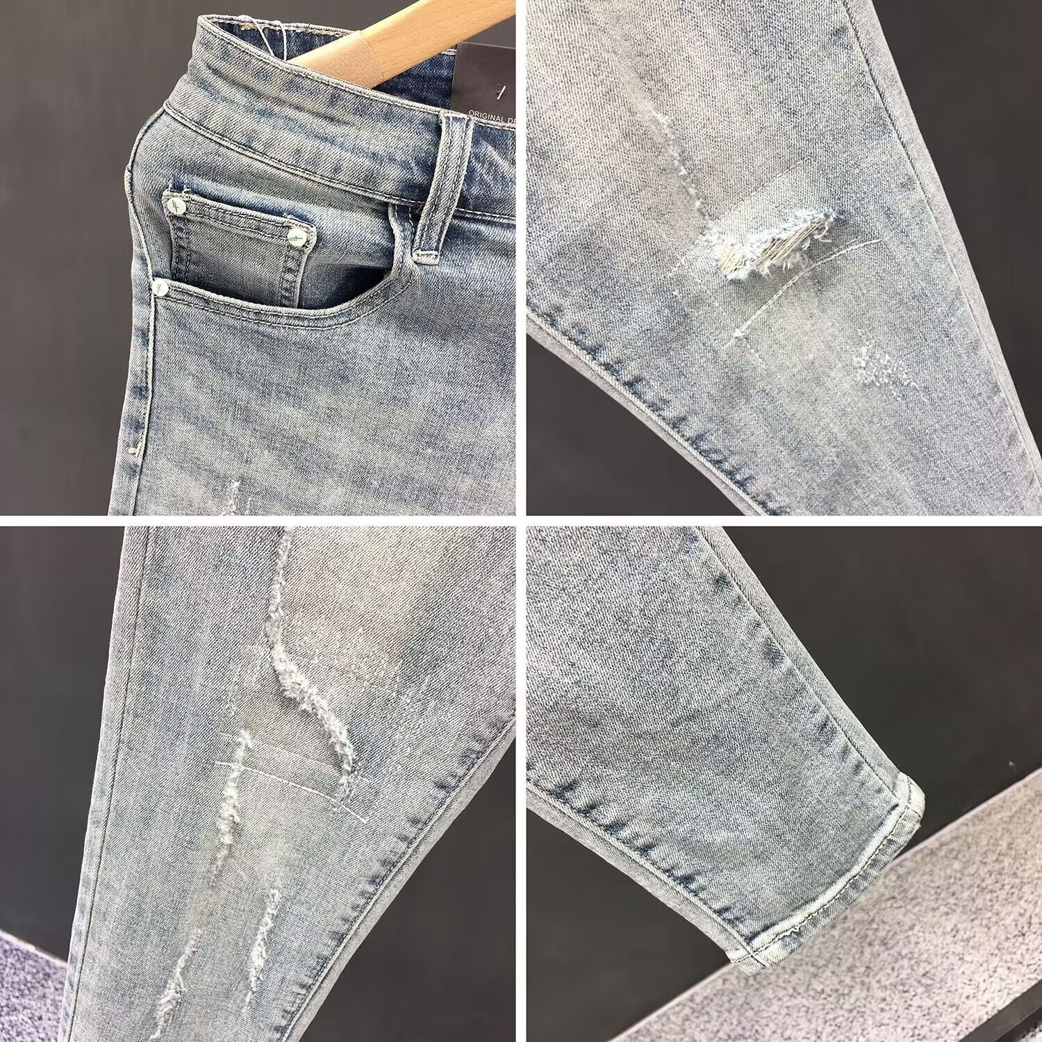 Men's Clothing Summer heavy wash retro distressed ripped jeans men's trendy brand handsome scraped slim fit skinny nine point pants_voghion.com