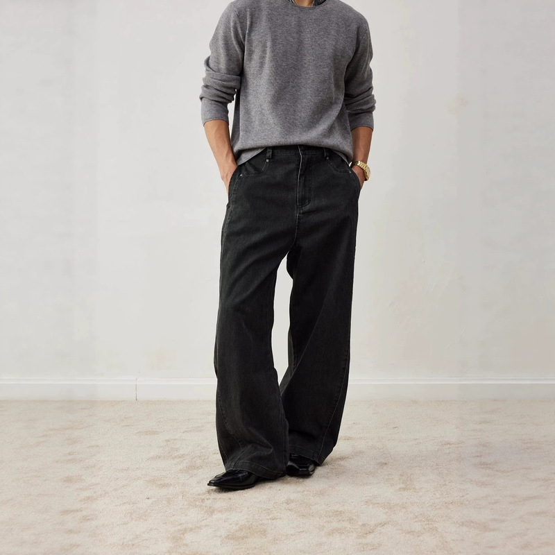 focusstorm old money style silhouette curved hem pants for spring and autumn, high-end loose casual cleanfit jeans