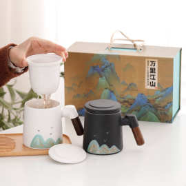 国潮陶瓷办公杯水杯万里江山手绘泡茶杯茶水分离过滤茶杯礼品杯子