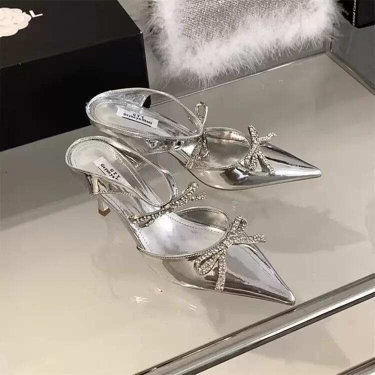 Серебристые сабо с бантом острый нос, sexy обувь на каблуках, сандалии, стиль высокого качества