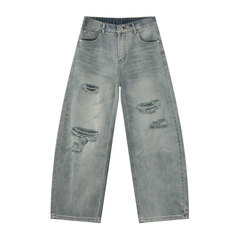 Quần jean nam dáng rộng rách kiểu retro, lưng thun bán đàn hồi, phong cách đường phố — màu xanh