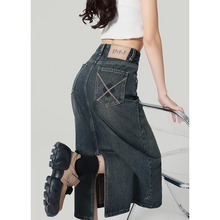 水泥灰高腰牛仔半身裙女潮流百搭遮肉显瘦开叉a字中长款包臀裙子