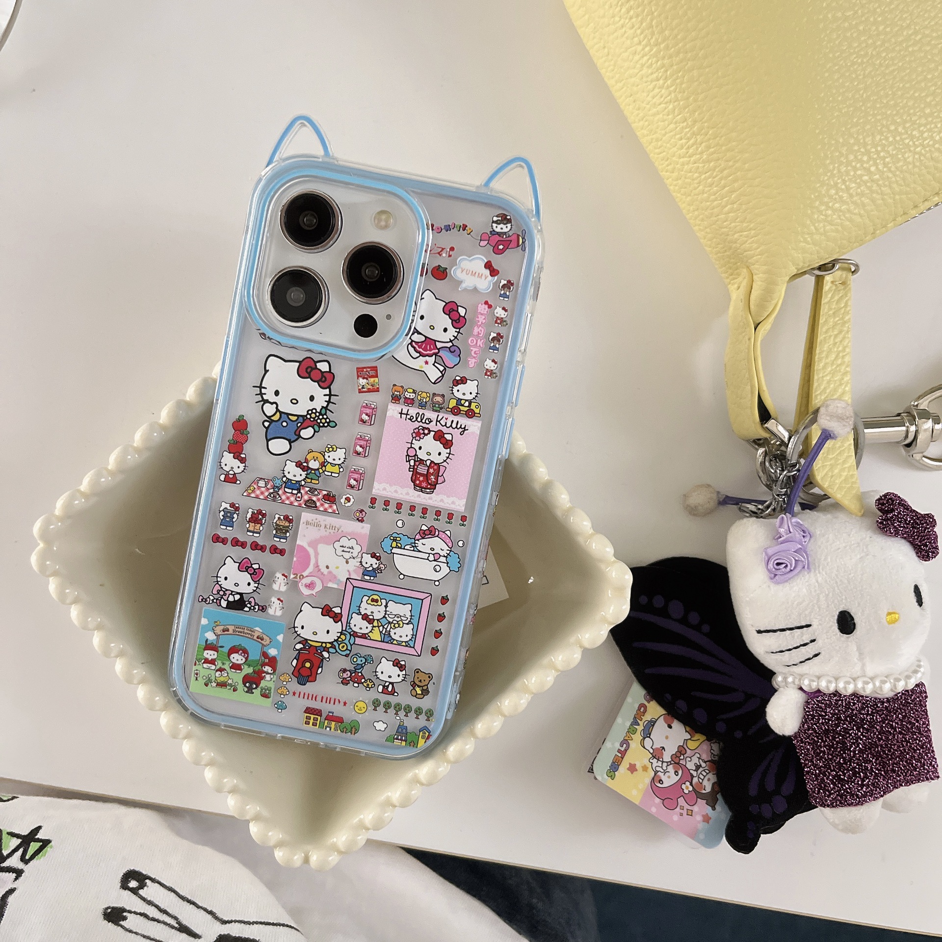 Linda caricatura pantalla completa KT gato ilustración para Apple 16ProMax funda para teléfono móvil 15Pro bowknot 14/13 nuevo