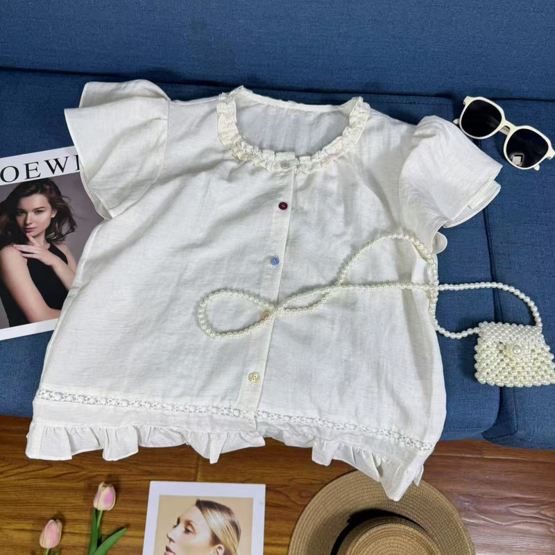 Linen Colorful Button Small Flutter Sleeve Lace Shirt Cute Top Fashion Loose Age-Reducing Beige Versatile Casual