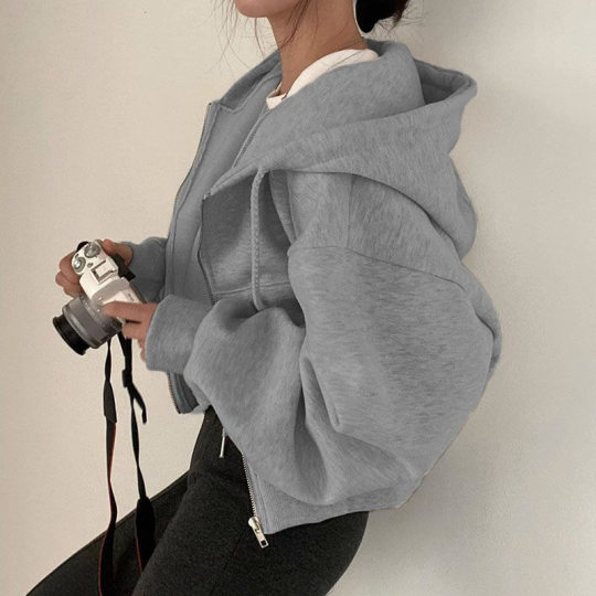 2025 Spring & Fall New Ins Fleece-Lined Versatile Fashionable Short Slim Zipper Warm Pure Color Hooded Sweatshirt for Women