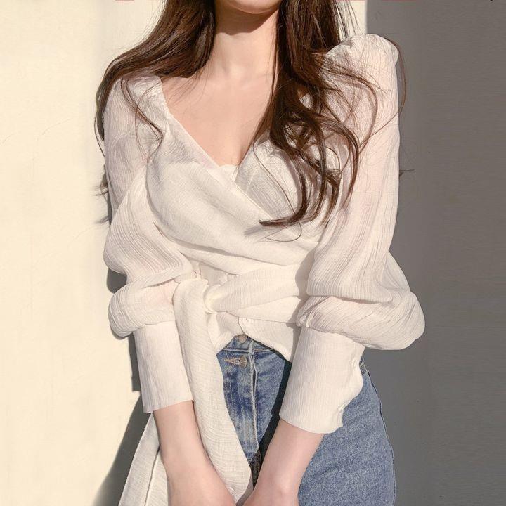 Korean style 2023 spring and autumn elegant elegant pleated V-neck cross strap design sense niche chiffon shirt top Korean style 2023 spring and autumn elegant elegant pleated V-neck cross strap design sense niche chiffon shirt top