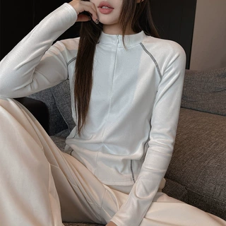 工厂白色磨毛长袖t恤女2026新款早秋韩系设计感外穿拉链打底上衣