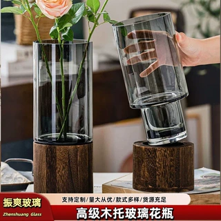 中式木托花瓶高颜值玻璃花瓶客厅镶嵌风餐桌玻璃插花摆件带底座