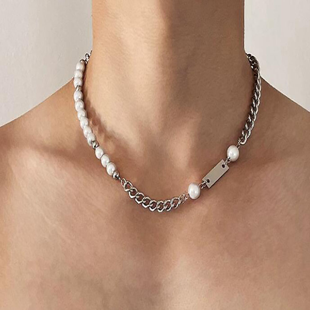 European and American Pearl Stitching Square Brand Titanium Steel Necklace Cold Style Niche Design Sense Accessories Clavicle Chain for Men and Women