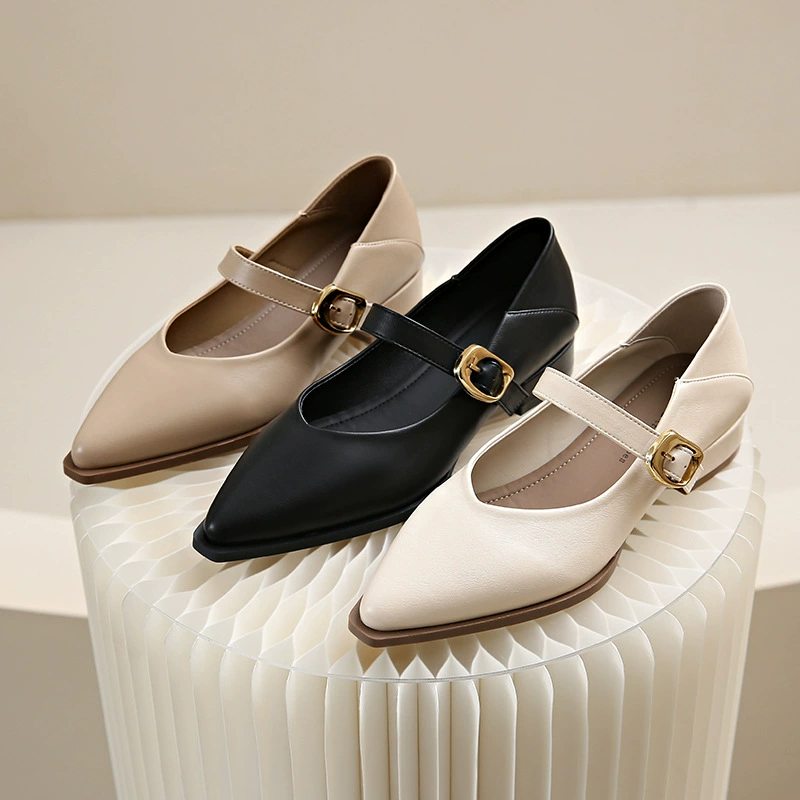 Textured French style buckle thick heel Mary Zhen shoes for women in spring and autumn fashion pointed toe shallow mouth soft leather commuting single shoes