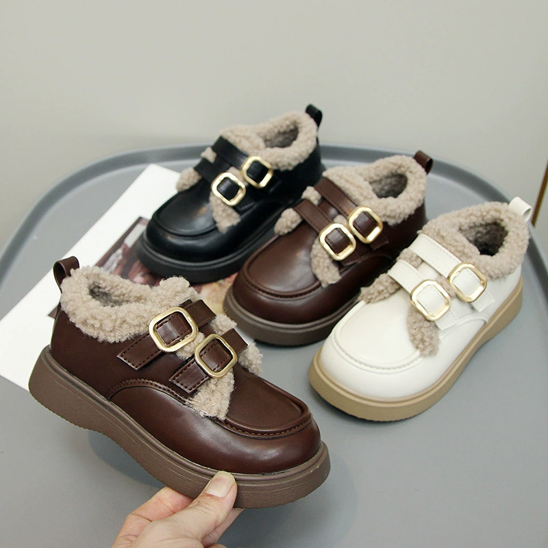 Fleece-Lined Demi-Season Kids Shoes, English/British Style for Princess, Soft Plush Cozy Sole