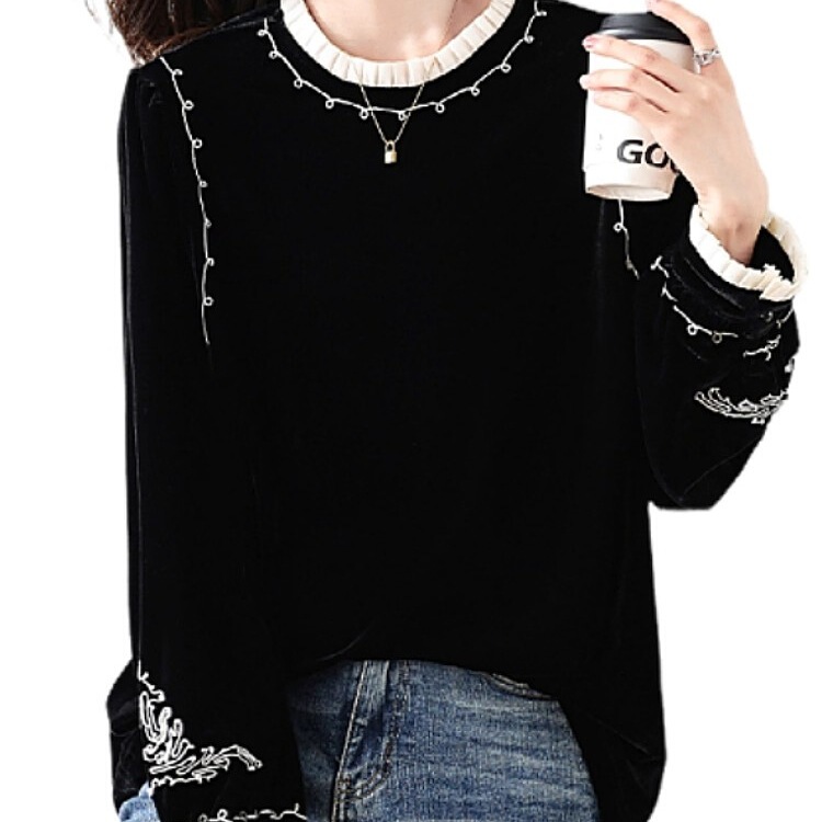 Elegant and Fashionable Gold Velvet Blouse for Women 2025 Spring and Autum Black and White Embroidered Lantern Sleeves to Cover the Flesh Chinese Style Large Size Shirt