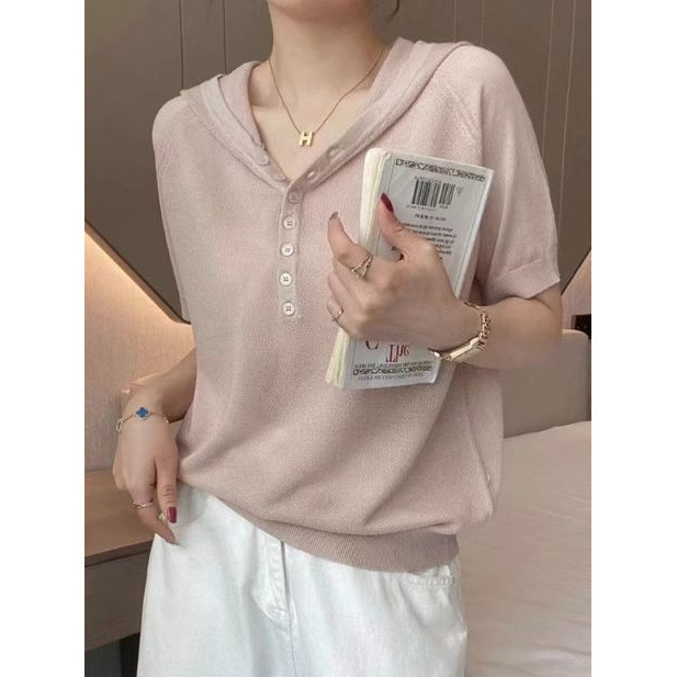 外国貿易新しい夏のフード付き半袖 Tシャツ女性のルーズ半袖パーカーアイスシルクトップセーター薄いスウェットシャツ|undefined