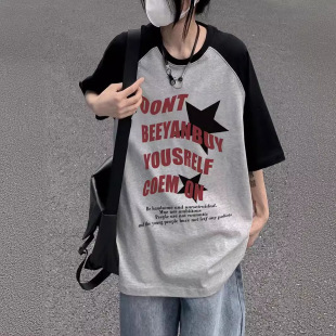American Style Raglan Contrast Color Splicing Short-Sleeved T-Shirt for Women Summer Couple Half-Sleeved Oversize High Street Trendy Brand Top Ins
