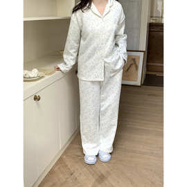 跨境专供外贸韩版温柔海盐蓝小碎花夹层棉花边宽松家居服睡衣套装