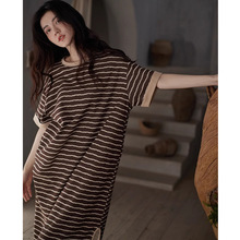 2024新款睡裙女春夏季凉感棉中长裙家居服可外穿时尚条纹睡衣女士