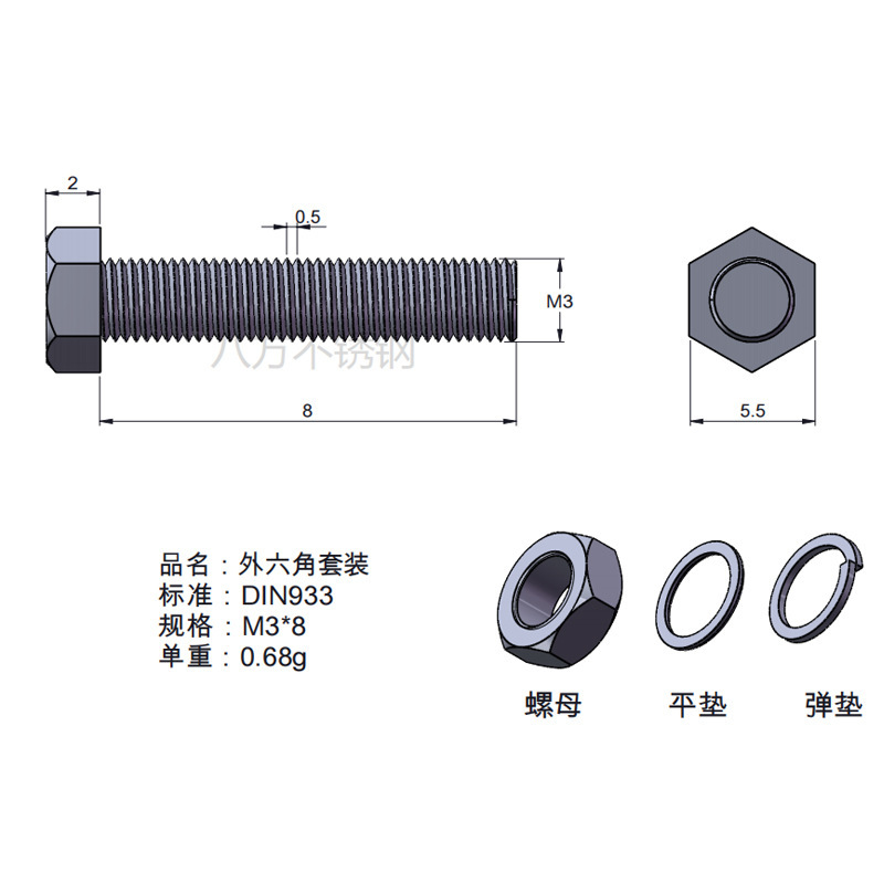 Tuerca de tornillo 304 acero inoxidable hexagonal conjunto de alta resistencia con almohadilla perno de tornillo antideslizante M3M4M5M6M12