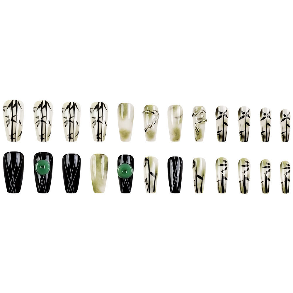 3D tinta estereoscópica bambú serpiente espíritu estilo nacional de uñas de jade verde negro para usar uñas de ballet 24 piezas empaquetadas pegatinas de uñas terminadas