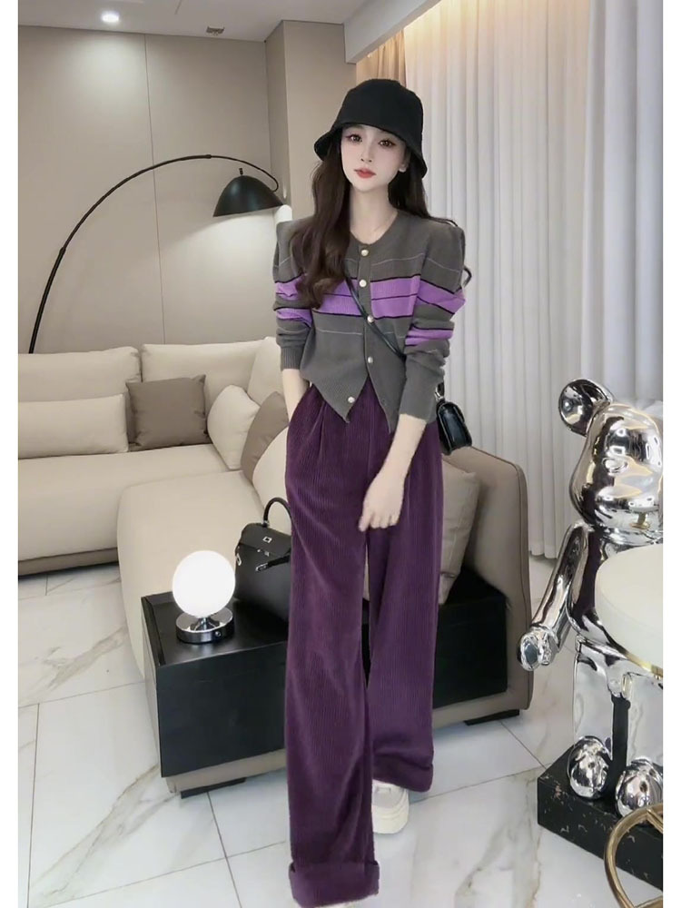 2023新款小个子茶系穿搭一整套时尚香风紫色裤子两件套装女装秋冬