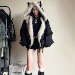 座山毛茸茸毛领棉服外套男女加绒加厚夹克美式冬季棉衣