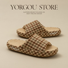 遠港格子亞麻拖鞋女春夏季2024新款室內吸汗家居牛筋底防滑男四季