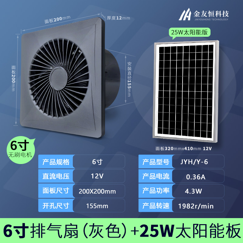 브러시리스 - 회색 원형 6인치 12V 팬 + 25W 태양광 패널