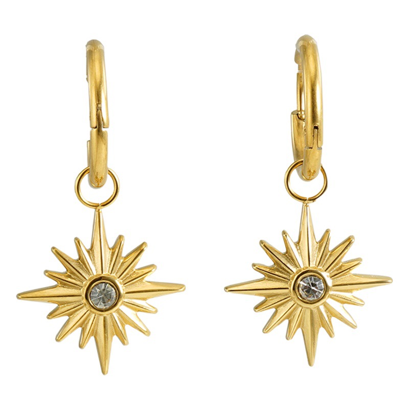 Cruz-Frontera de acero inoxidable de moda europea y americana diamante ocho Awn estrella pendientes colgante de titanio de acero 18K pendientes de oro pendientes para las mujeres