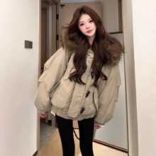 美式复古大毛领连帽棉服女外套冬季2025年新款牛角扣加厚保暖棉衣