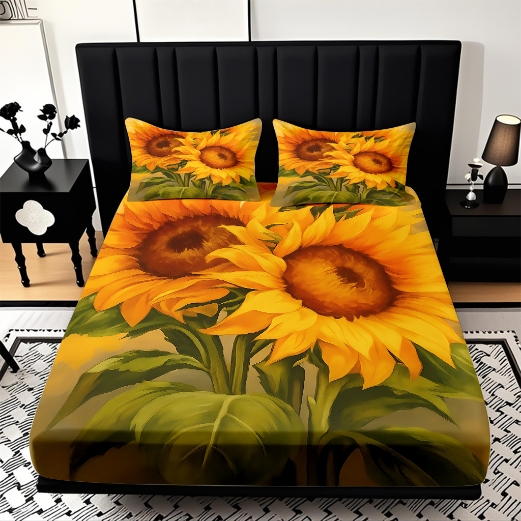 Comercio exterior transfronterizo textil doméstico patrón de girasol impresión digital 3D cama de molienda de tres piezas JIT modelo Temu
