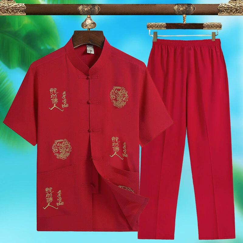 Летний мужской костюм Тан для пап среднего и пожилого возраста. Костюм Тан в китайском стиле. Рубашка с короткими рукавами и вышивкой. Костюм из ледяного шелка в китайском стиле.
