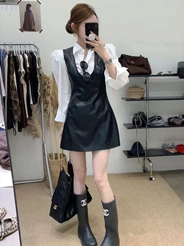 套装女2025秋新款法式气质设计感长袖衬衫收腰显瘦背心皮裙连衣裙|undefined