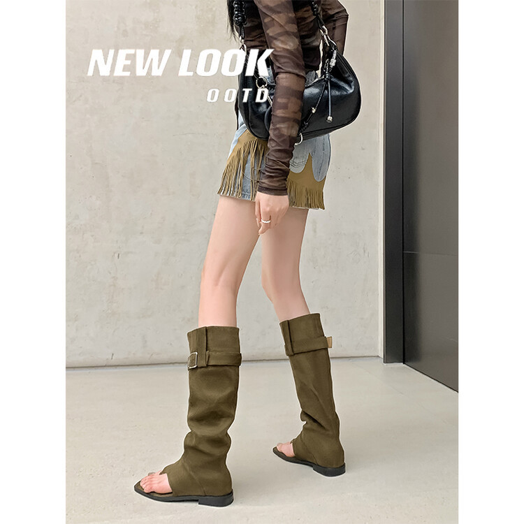 Boot nữ cổ cao ôm bắp chân da thật phong cách miền Tây — mơ, nâu chi tiết 10