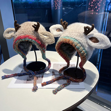 跨境爆款创意鹿角帽二合一节日圣诞驯鹿针织帽保暖防寒系带护耳帽