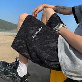 粉色刺绣短裤男生夏季新款外穿美式潮牌宽松运动休闲五分裤子男士