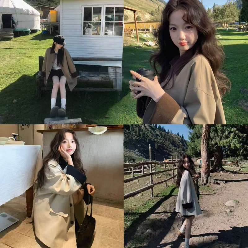 Zhang Beibei Ibell Tencel Cotton Corduroy Color-Blocking Patchwork Workwear Trench Coat with Dropped Shoulders and Retro Single-Breasted Jacket for Women